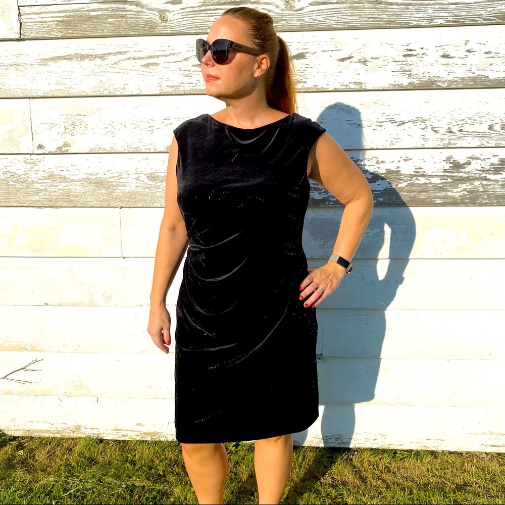 David Meister Black Sequined Velvet Ruched Cocktail Dress sz 14